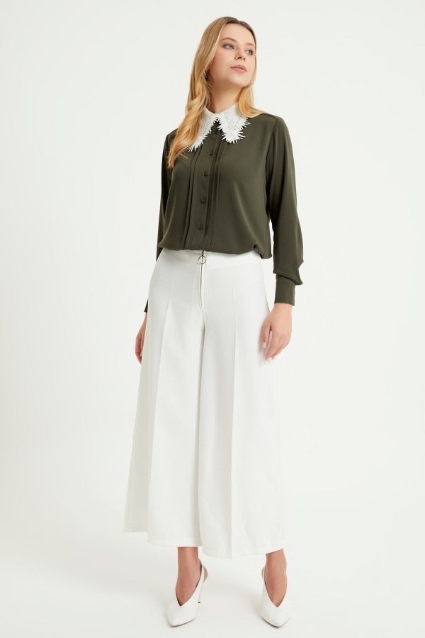 Zippered Wide Leg Trousers - Ecru