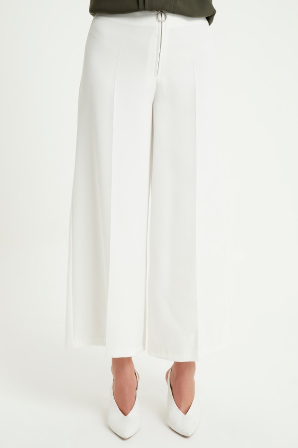 Zippered Wide Leg Trousers - Ecru
