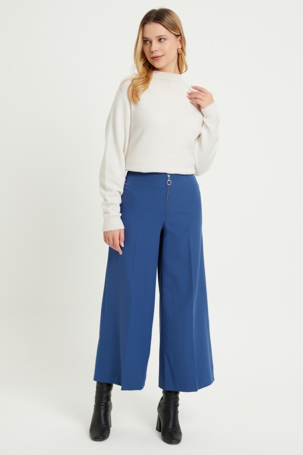 Zippered Wide Leg Trousers - Indigo