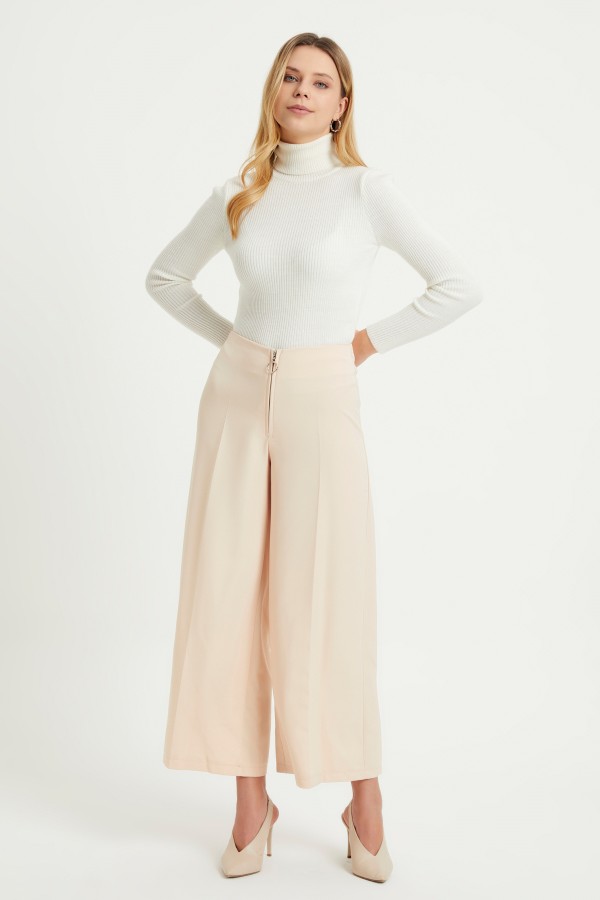 Fermuarlı Bol Paça Pantolon - Pudra Fermuarlı Bol Paça Pantolon - Pudra