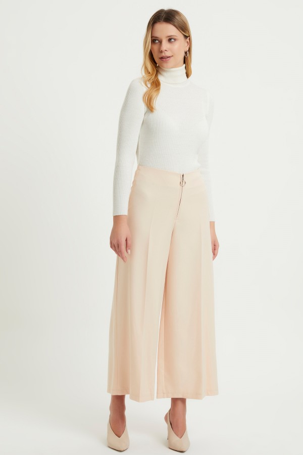 Fermuarlı Bol Paça Pantolon - Pudra