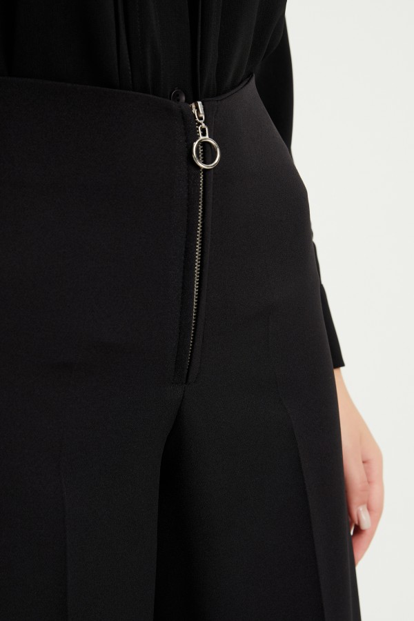 Fermuarlı Bol Paça Pantolon - Siyah