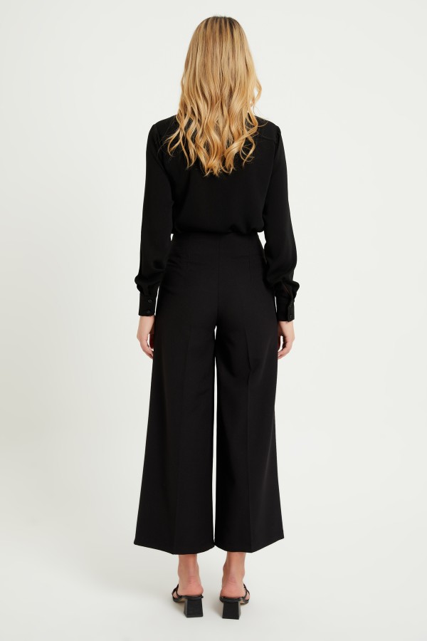 Fermuarlı Bol Paça Pantolon - Siyah