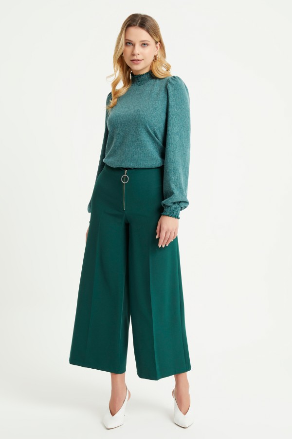 Zippered Wide Leg Trousers - Emerald