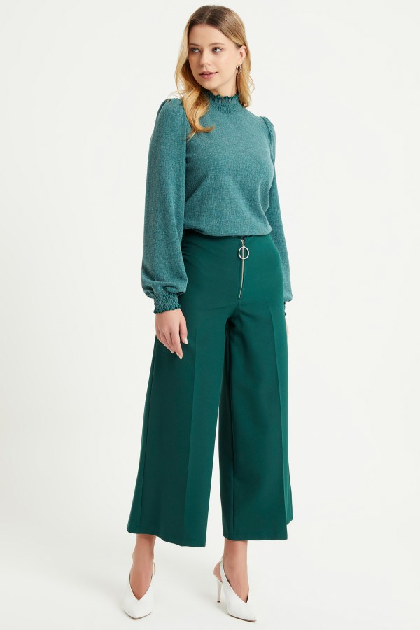 Fermuarlı Bol Paça Pantolon - Zümrüt Fermuarlı Bol Paça Pantolon - Zümrüt