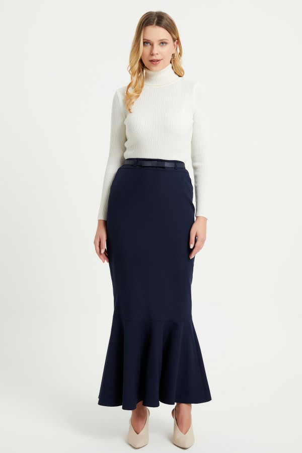 Flared Skirt With Belt - Navy Blue