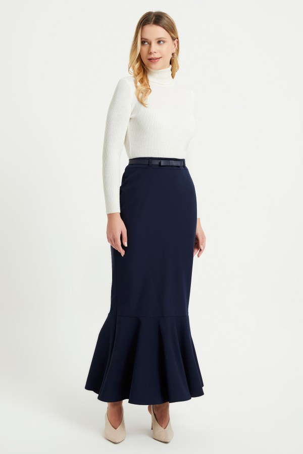 Flared Skirt With Belt - Navy Blue