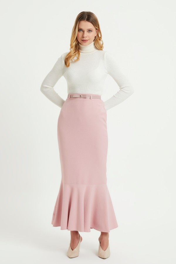 Volanlı Kemerli Etek - Pudra