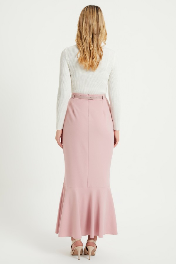 Volanlı Kemerli Etek - Pudra