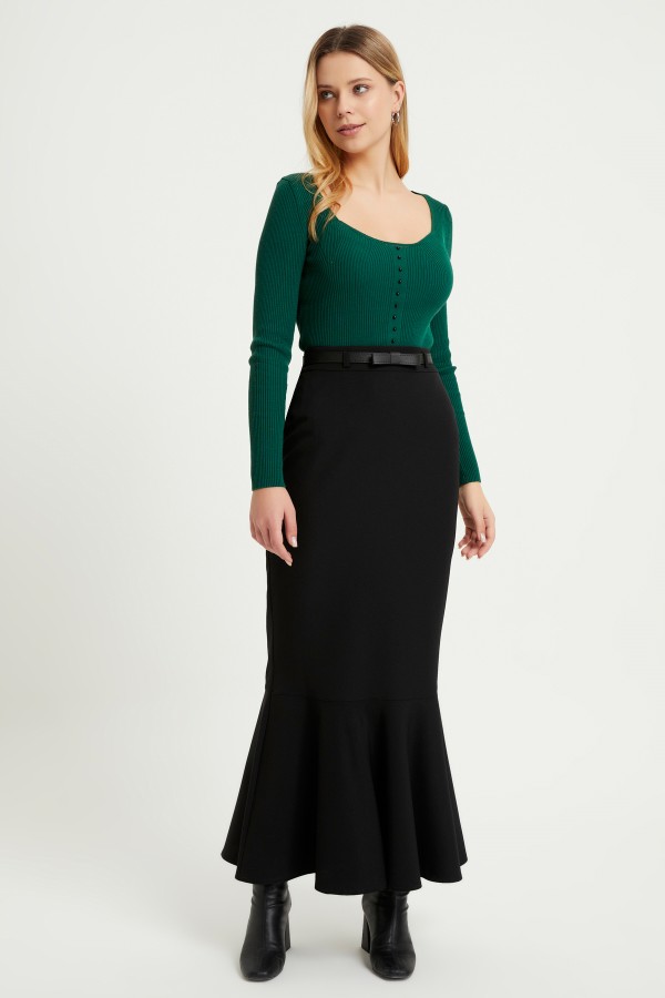 Volanlı Kemerli Etek - Siyah