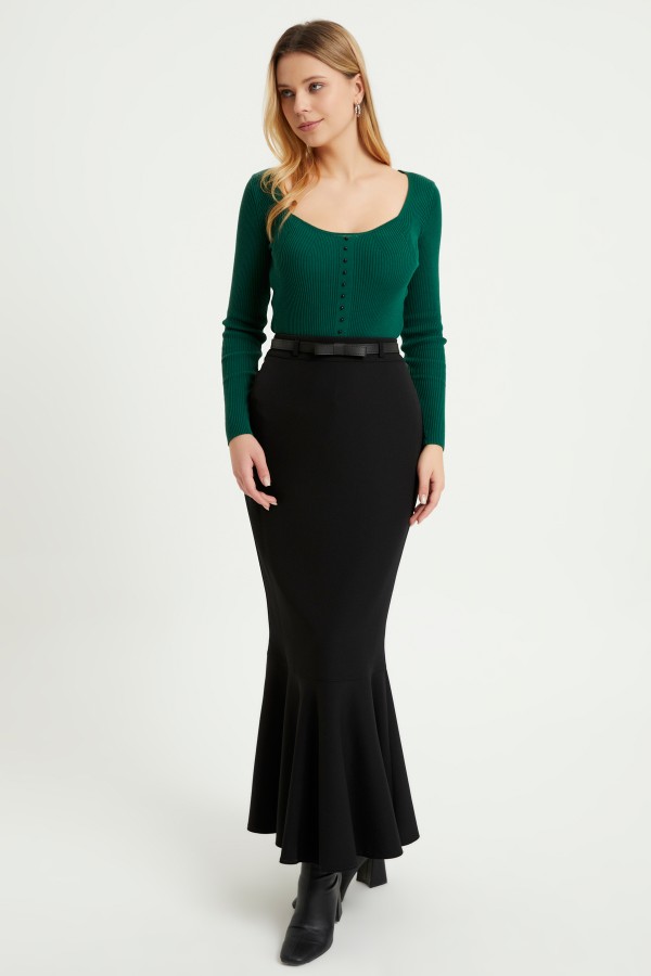 Volanlı Kemerli Etek - Siyah