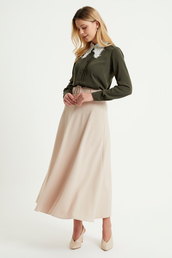 Kemerli Kloş Etek - Bej