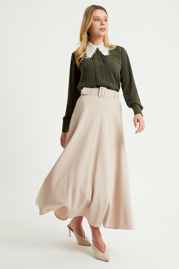 Kemerli Kloş Etek - Bej