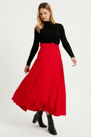Flared Skirt With Belt - Red