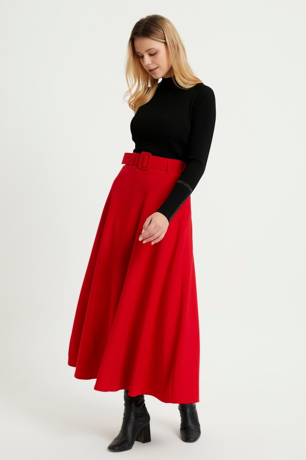 Flared Skirt With Belt - Red
