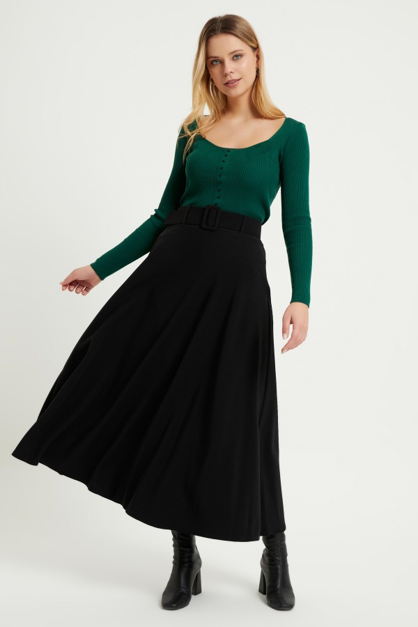 Kemerli Kloş Etek - Siyah