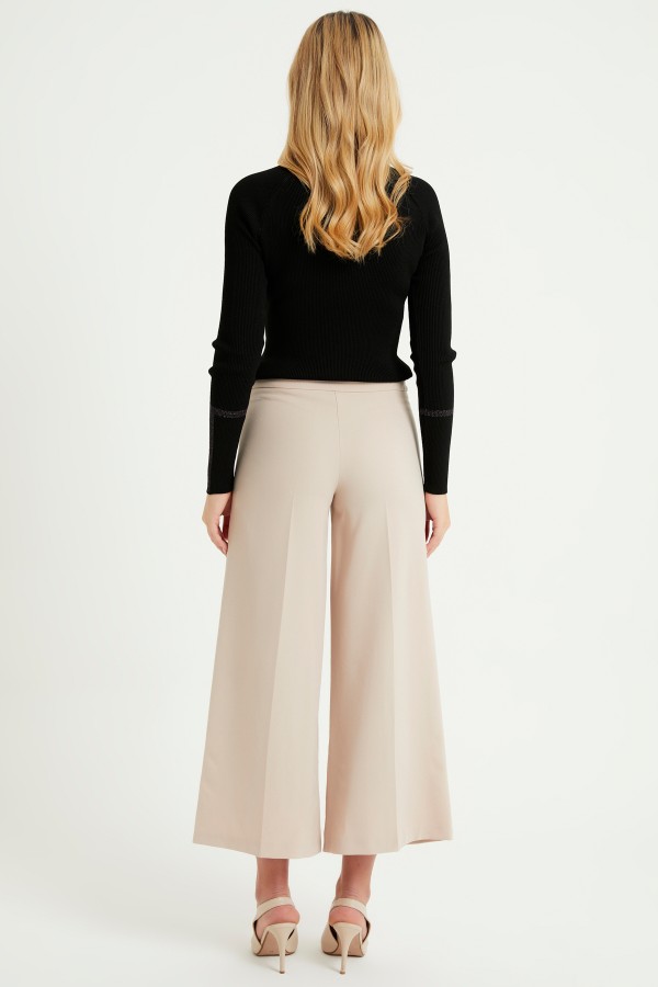 Geniş Paça 3 Çıtlı Pantolon - Bej