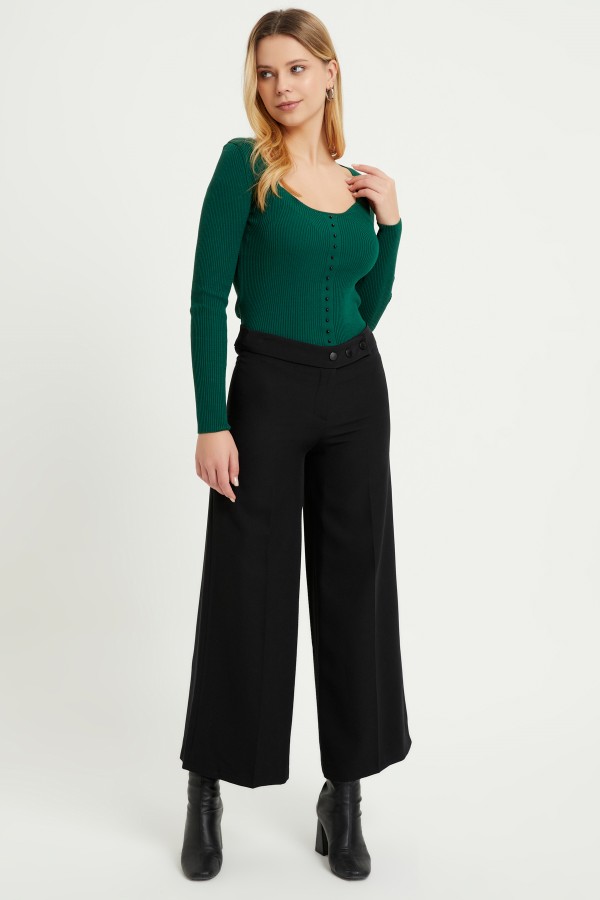 Wide Leg 3 Snap Trousers - Black