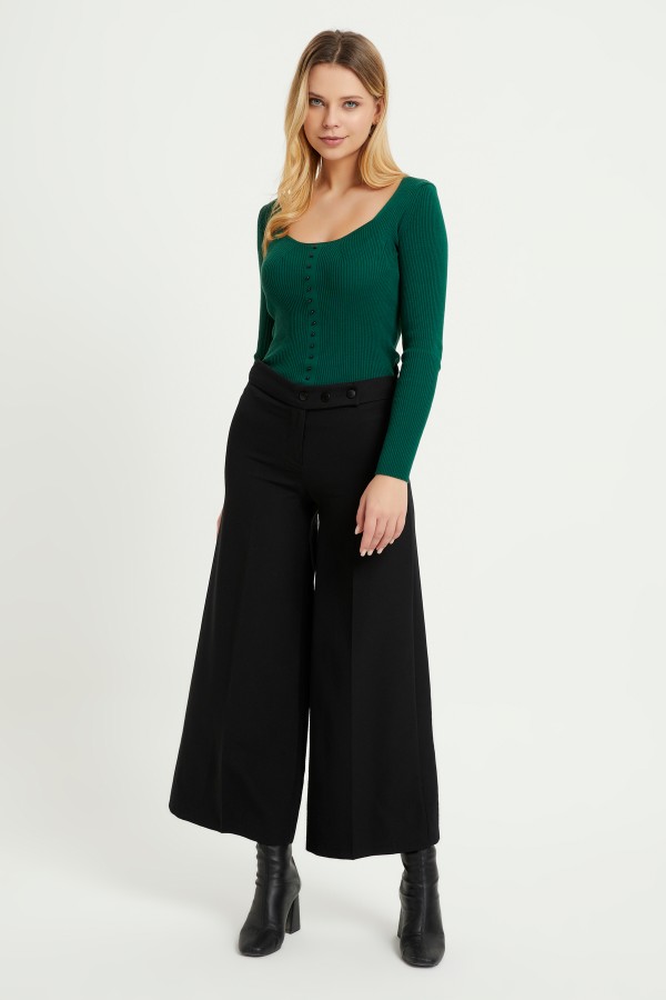 Wide Leg 3 Snap Trousers - Black