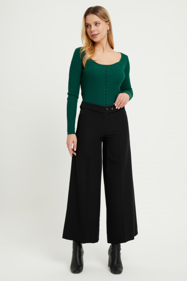 Wide Leg 3 Snap Trousers - Black