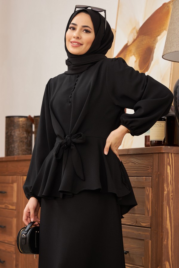 Önü Düğmeli Etekli Takım - Siyah