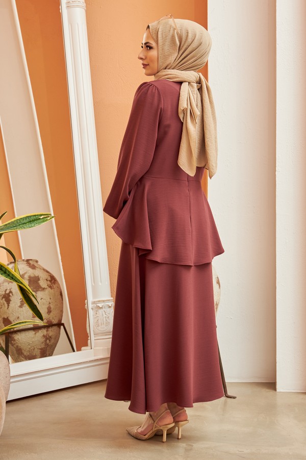 Önü Düğmeli Etekli Takım - Gül Kurusu