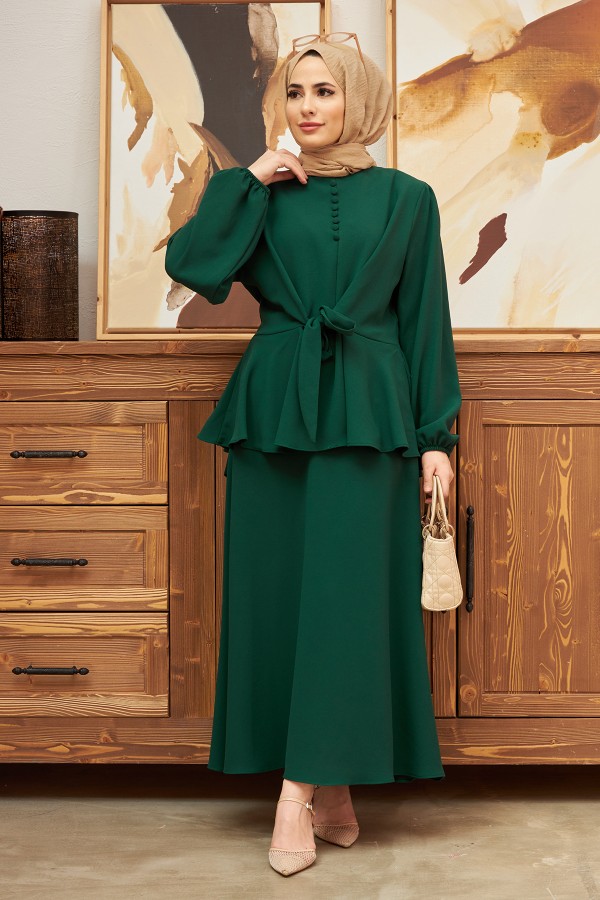 Önü Düğmeli Etekli Takım - Zümrüt