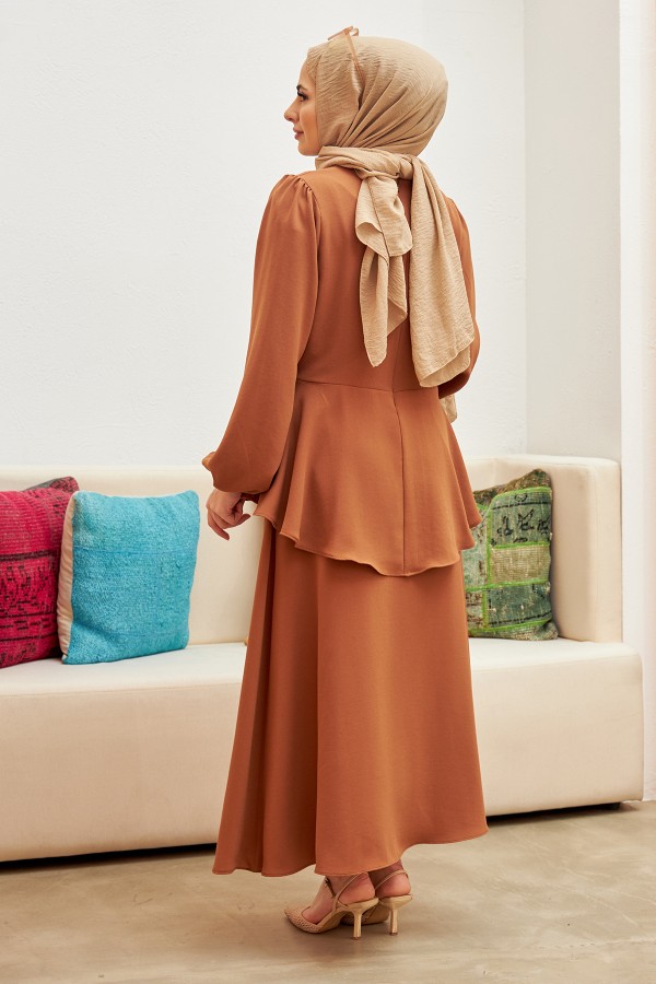 Önü Düğmeli Etekli Takım - Camel