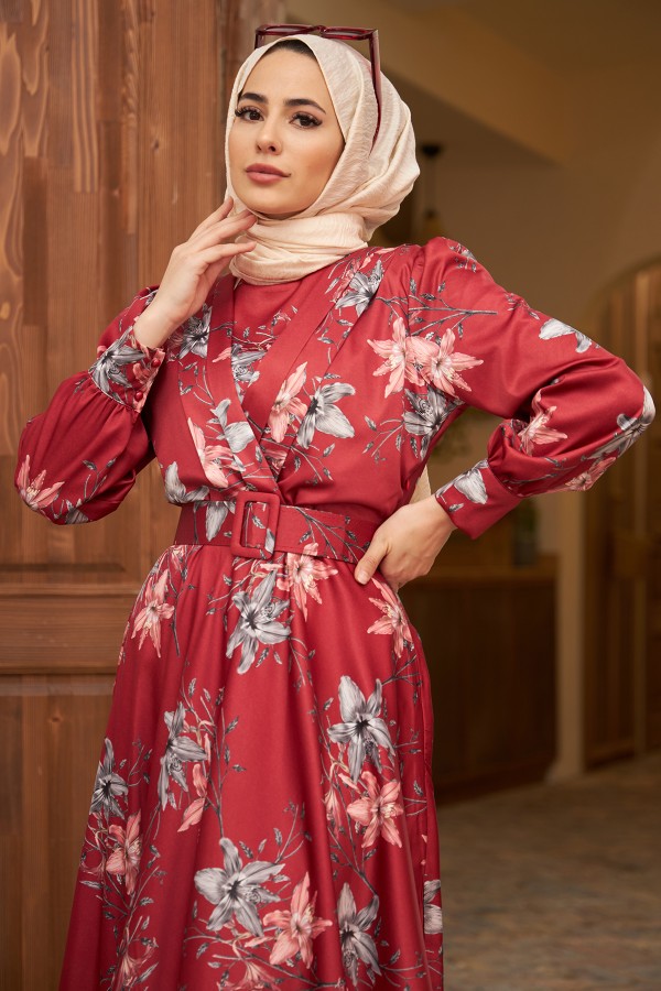 Patterned Satin Evening Dress - Claret Red