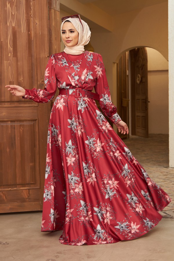 Patterned Satin Evening Dress - Claret Red