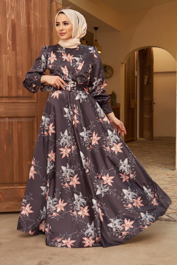 Patterned Satin Evening Dress - Anthracite Patterned Satin Evening Dress - Anthracite