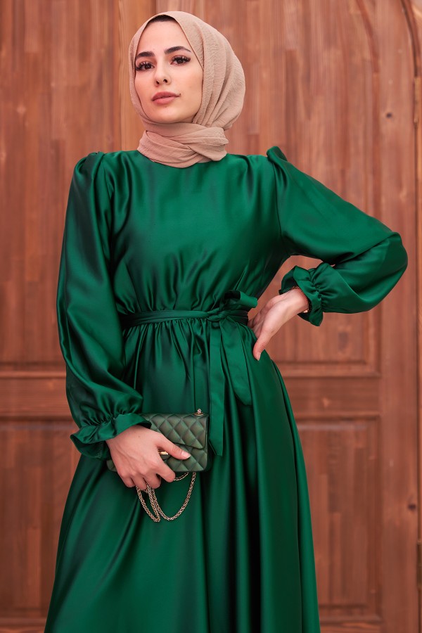 Kuşaklı Saten Elbise - Zümrüt