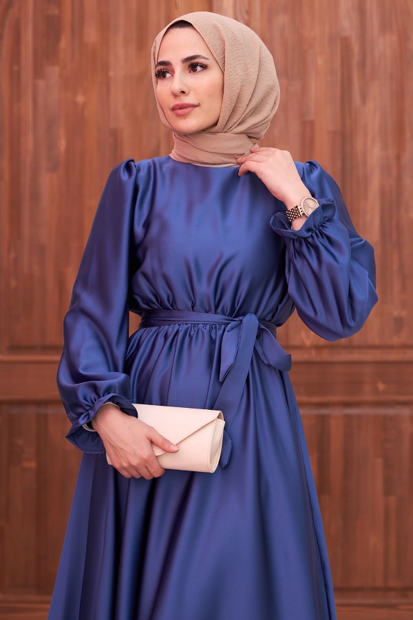 Kuşaklı Saten Elbise - İndigo