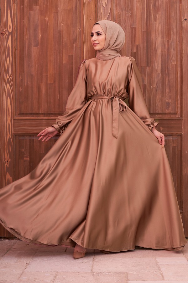 Kuşaklı Saten Elbise - Gold