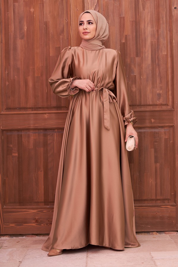 Kuşaklı Saten Elbise - Gold