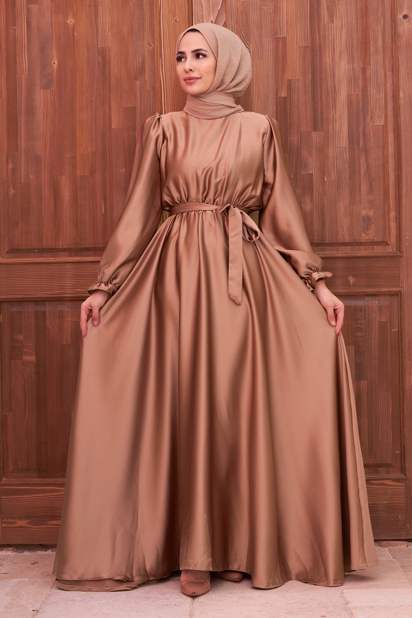 Kuşaklı Saten Elbise - Gold