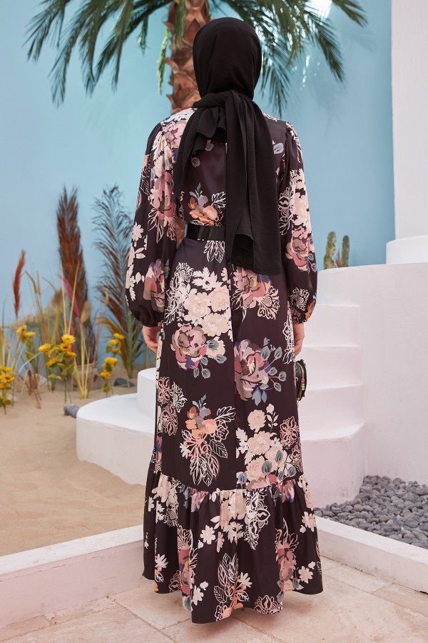 Kemerli Saten Elbise - Siyah