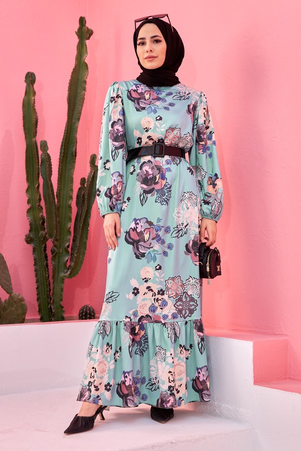 Kemerli Saten Elbise - Mint