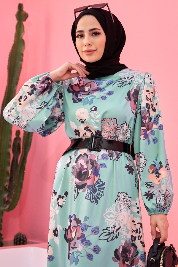 Kemerli Saten Elbise - Mint