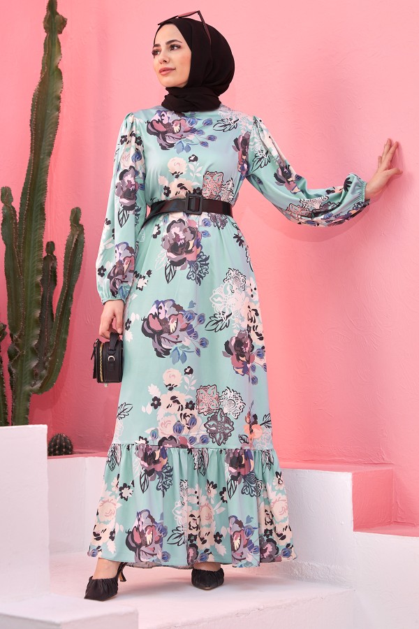 Kemerli Saten Elbise - Mint