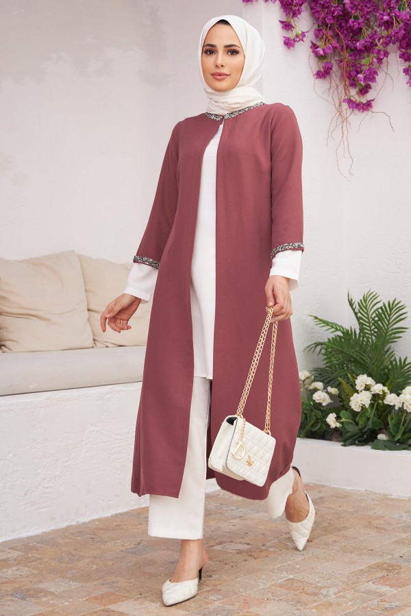 Taş Şeritli Üçlü Takım - Gül Kurusu