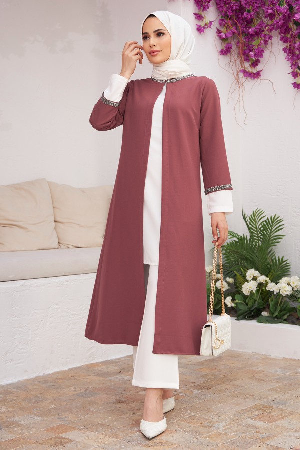 Taş Şeritli Üçlü Takım - Gül Kurusu