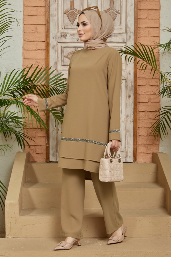 Taş Detaylı Tunik Pantolon Takım - Vizon