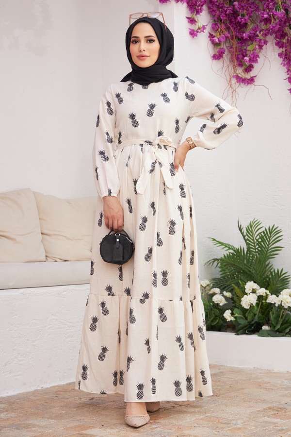 Ananas Desenli Keten Elbise - Siyah