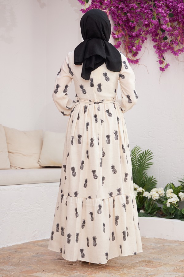 Ananas Desenli Keten Elbise - Siyah