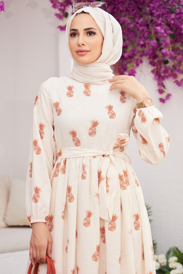 Ananas Desenli Keten Elbise - Kiremit