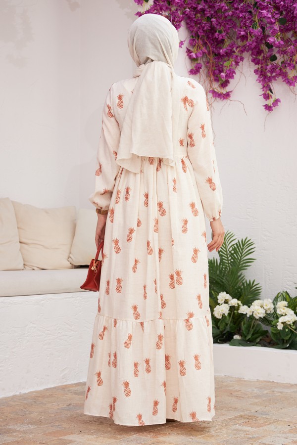 Ananas Desenli Keten Elbise - Kiremit