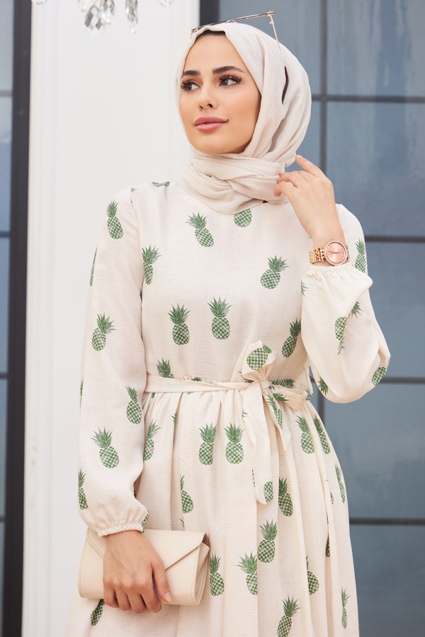 Pineapple Patterned Linen Dress - Emerald Pineapple Patterned Linen Dress - Emerald