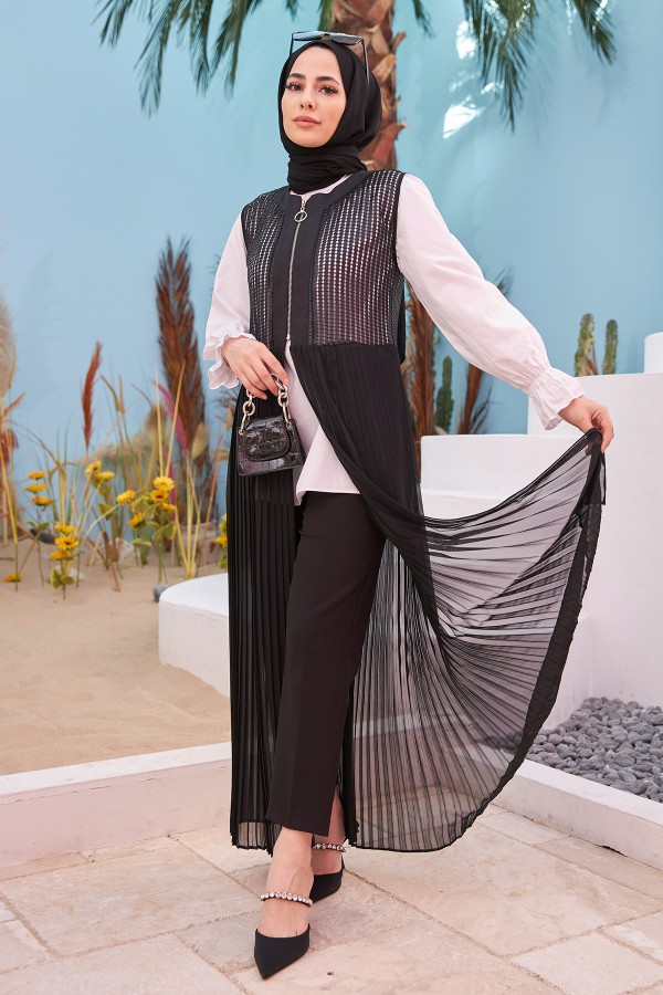 Piliseli Yelek - Siyah