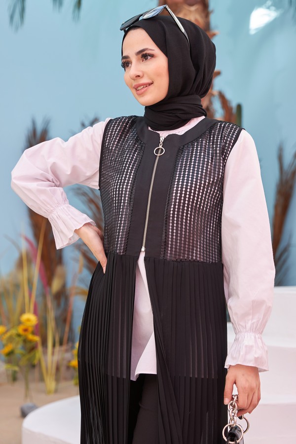 Piliseli Yelek - Siyah